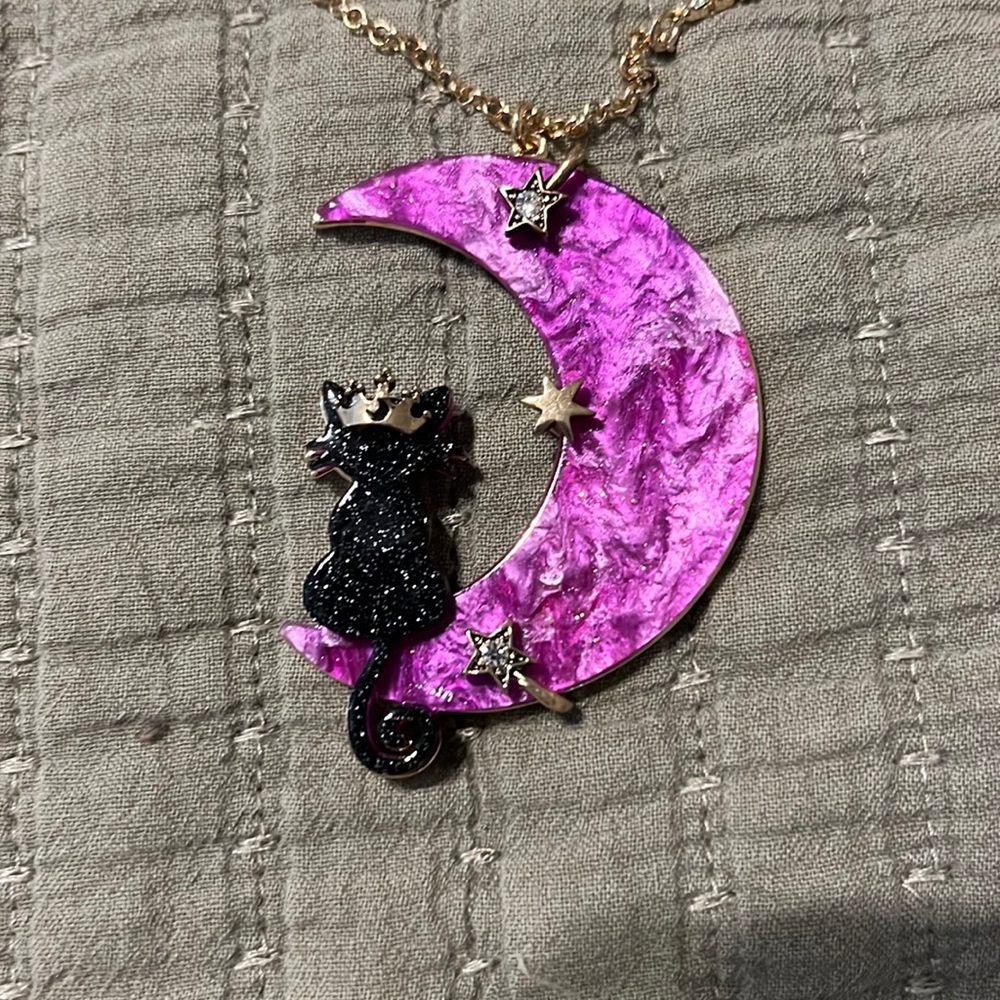 Betsy Johnson One of A Kind Cat on the Moon Necklace